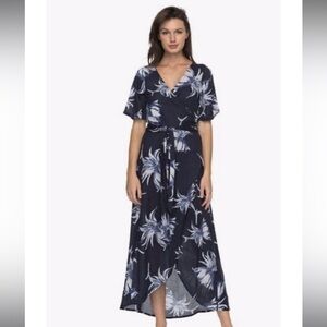 ROXY "Keep The Tempo" Maxi Wrap Navy Blue White Floral Dress SMALL